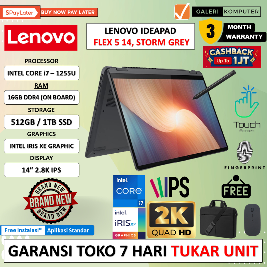 LAPTOP LENOVO IDEAPAD FLEX 5 14 INTEL I7 1255U 16GB 512GB IRIS XE 14&quot; 2.8K TOUCH WINDOWS 11 HOME ORIGINAL