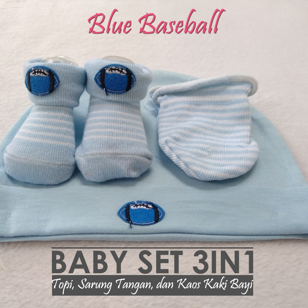 BLUE BASE BALL 3in1 Topi Sarung Tangan Kaos Kaki Bayi Hat Sock Mitten Booties  Bayi stk