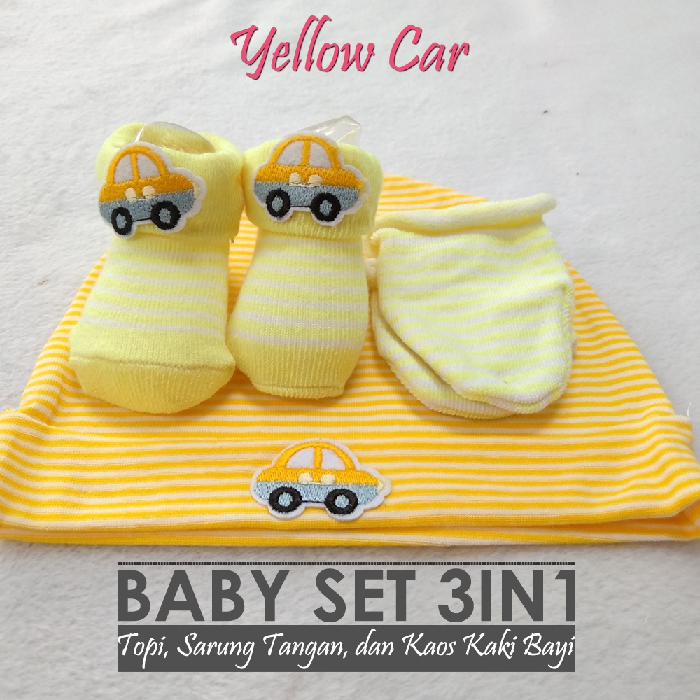 YELLOW CAR 3in1 Topi Sarung Tangan Kaos Kaki Bayi Hat Sock Mitten Booties  Bayi stk