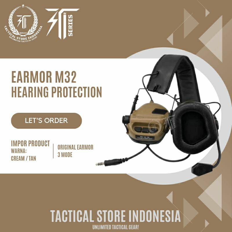 Earmor M32 Tactical Hearing Protection - Headset Headphone Tactical Hitam Hijau Cream