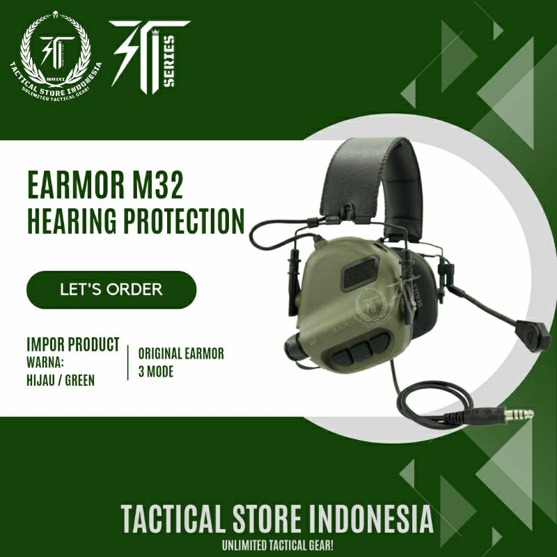 Earmor M32 Tactical Hearing Protection - Headset Headphone Tactical Hitam Hijau Cream