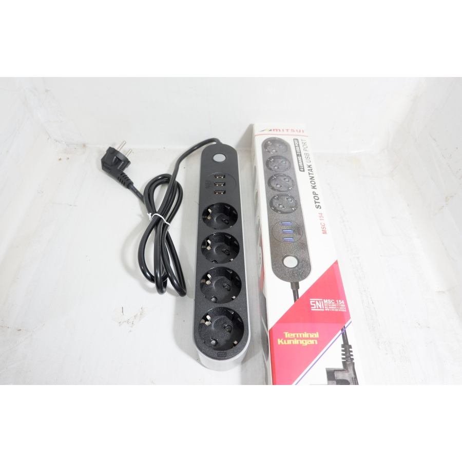 Stop kontak listrik mitsui 4 lubang 3 USB port terminal kuningan SNI