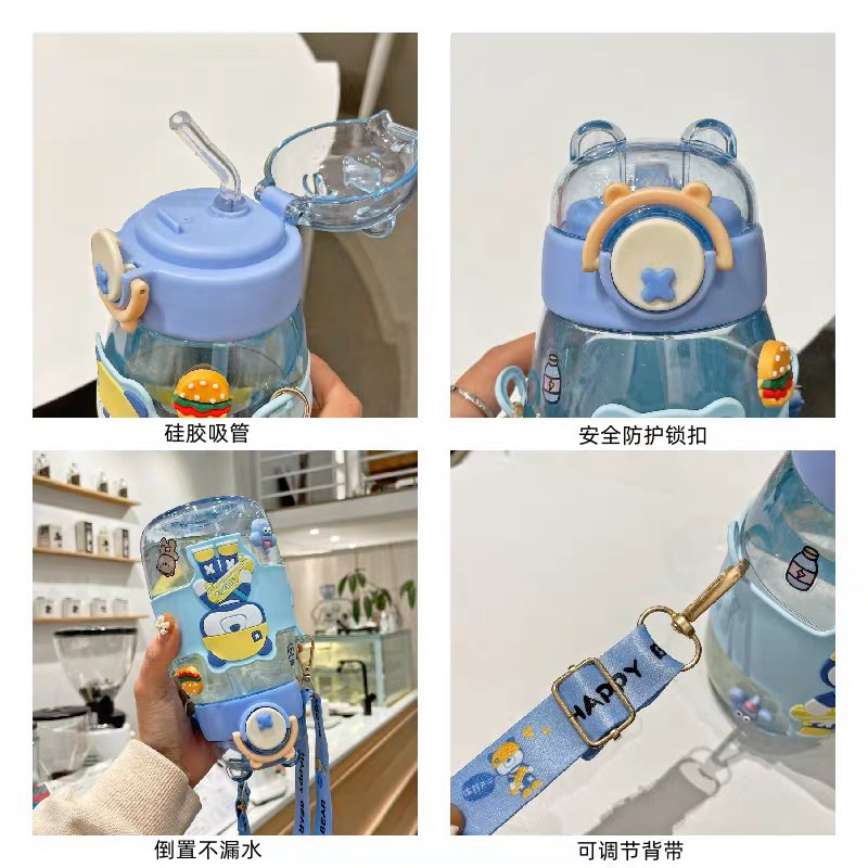 Botol Minum Anak KAW - Botol Minum Anak Tali Panjang Dengan Sedotan - Tempat Minum Sekolah Free Stiker 2D+3D Water Bottle