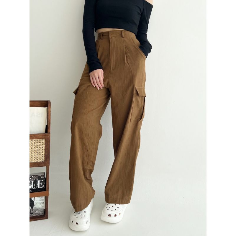 FS - Bella Cargo Pants - Highwaist Loose Cargo - Willow Cargo Pants -Celana Basic Cargo Highwaist Loose Linen Crinkle -Celana Kargo Ukuran Petite Linen Crinkle Highwaist