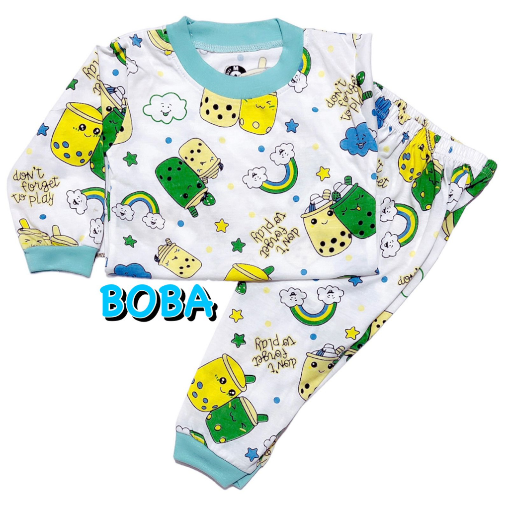 (1 KG MUAT 7 STEL) BAJU TIDUR ANAK KIDS PEREMPUAN/CEWEK LAKI-LAKI/COWOK SETELAN/STELAN BAHAN KAOS KATUN 1-4 TAHUN BOBA/BUBBLE/MILK TEA