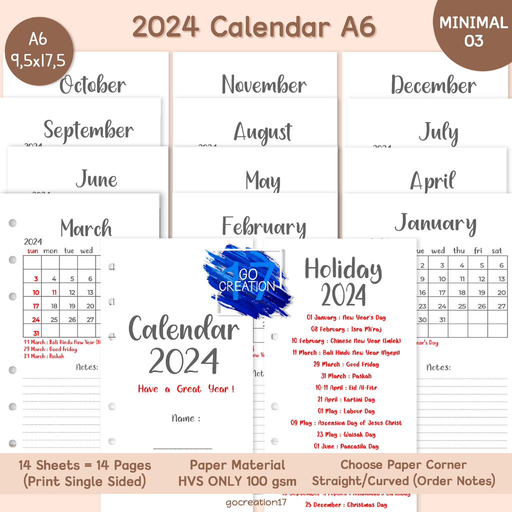 Buku Planner Kertas Binder Kalender 2024 dan 2023 Calendar Polos Simple 6 ring a6