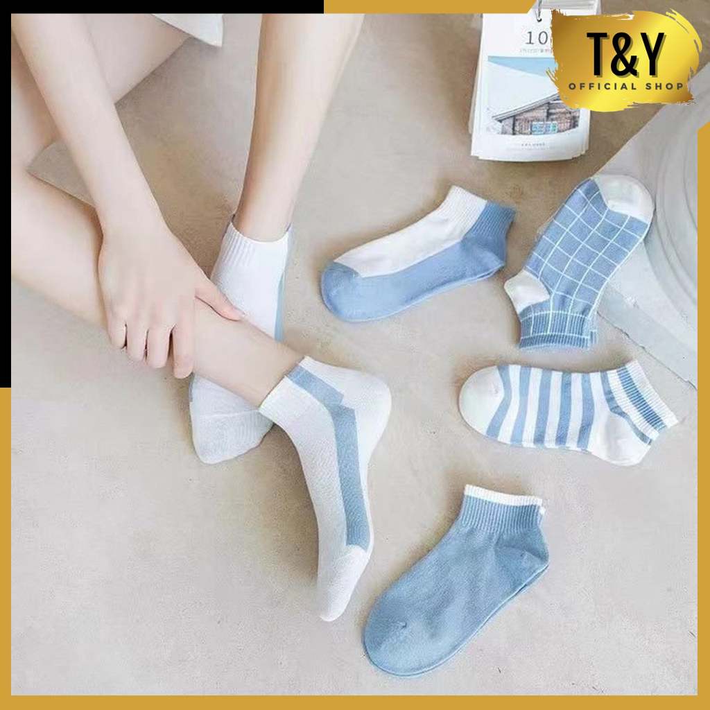 T&amp;Y Kaos Kaki Pendek Fashion Wanita Korea Style Model Garis Biru 6802 Kaoskaki Pendek Motif Kotak Kaus Kaki Warna Biru Putih Kauskaki Motif Belang Bahan Katun Penyerap Keringat Angkle Socks Import Murah