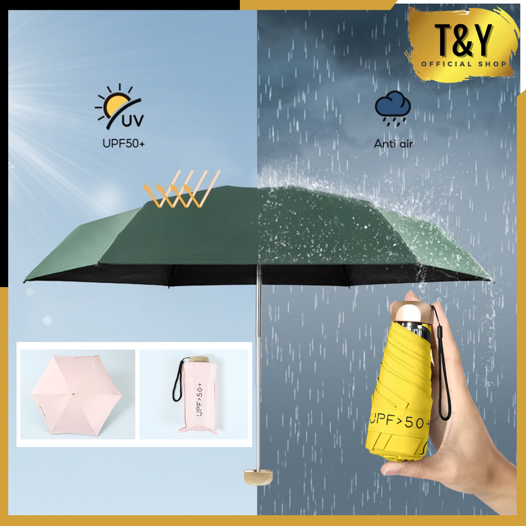 T&amp;Y Payung Lipat Estetik Tabir Surya Hujan atau Panas Payung Lipat Anti UV UPF 50+ Motif Polos Folding Umbrella Ultra Violet Free Pouch