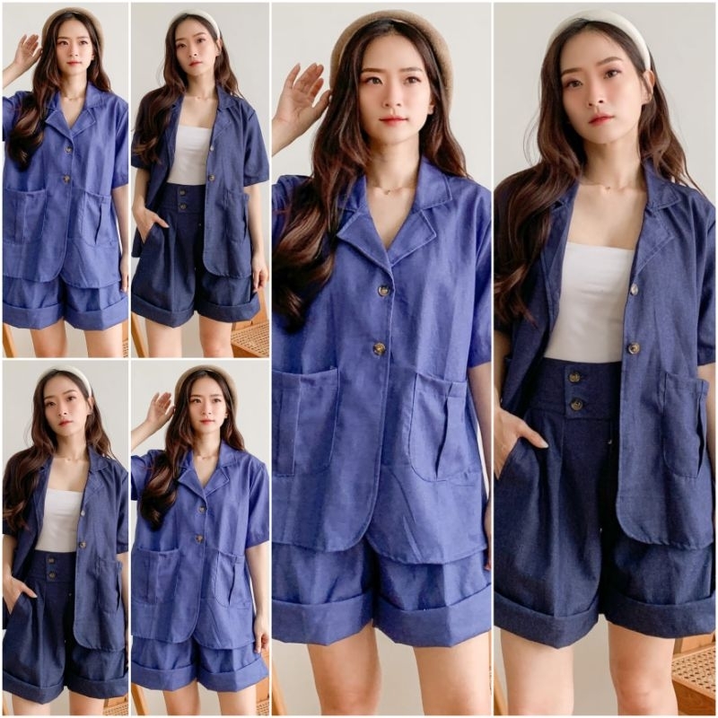 ♡ PREMIUM ♡ ORIGINAL ! PERRY 2 IN 1 DENIM JEANS SET COLLAR BUTTON BLAZER WITH SHORT PANTS