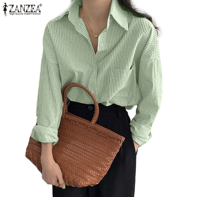 ZANZEA Women Loose Simple Striped Printed OL Lapel Neck Long Sleeve Blouses