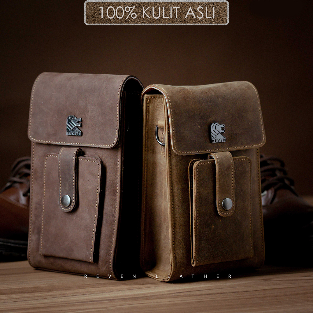 tas Pria selempang mini kecil Kulit sapi Asli tas slempang model dompet mini handphone hp kulit asli