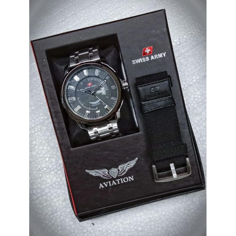 Jam Tangan Pria SA Aviation Rantai Silver Tanggal Aktif Gratis Tali Cadangan