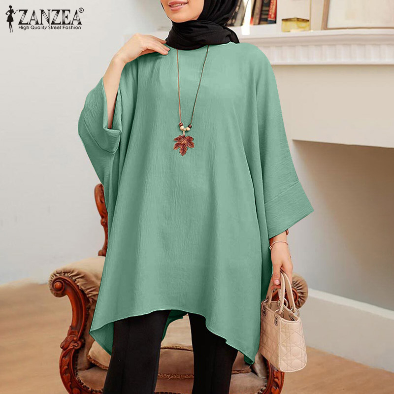 ZANZEA Women Muslim Daily 3/4 Bat Sleeves Loose Solid Color Blouses