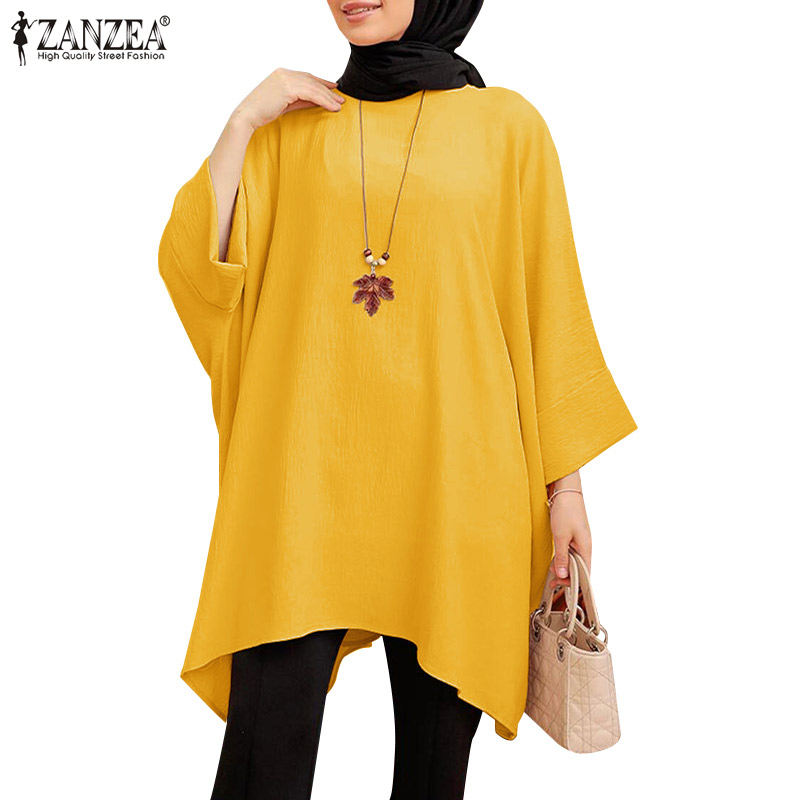 ZANZEA Women Muslim Daily 3/4 Bat Sleeves Loose Solid Color Blouses