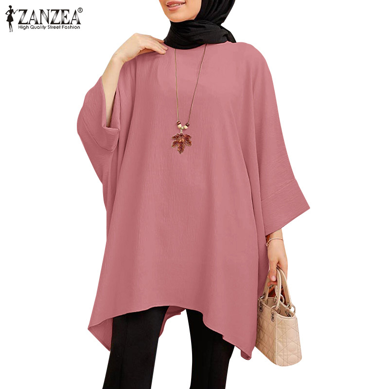 ZANZEA Women Muslim Daily 3/4 Bat Sleeves Loose Solid Color Blouses