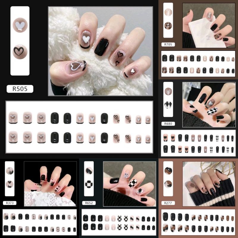 [24pcs/FREE LEM] BLACK SERIES FAKE NAILS / KUKU PALSU HITAM ELEGAN (Bisa Request Lem Stiker)