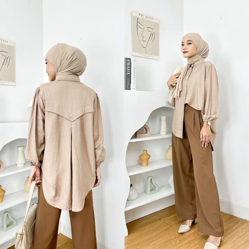 ALENZA Blouse Polo linen variasi kancing belakang atasan wanita