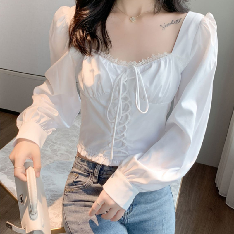 yikoo-Kemeja bertali yang ketat blouse korea atasan wanita