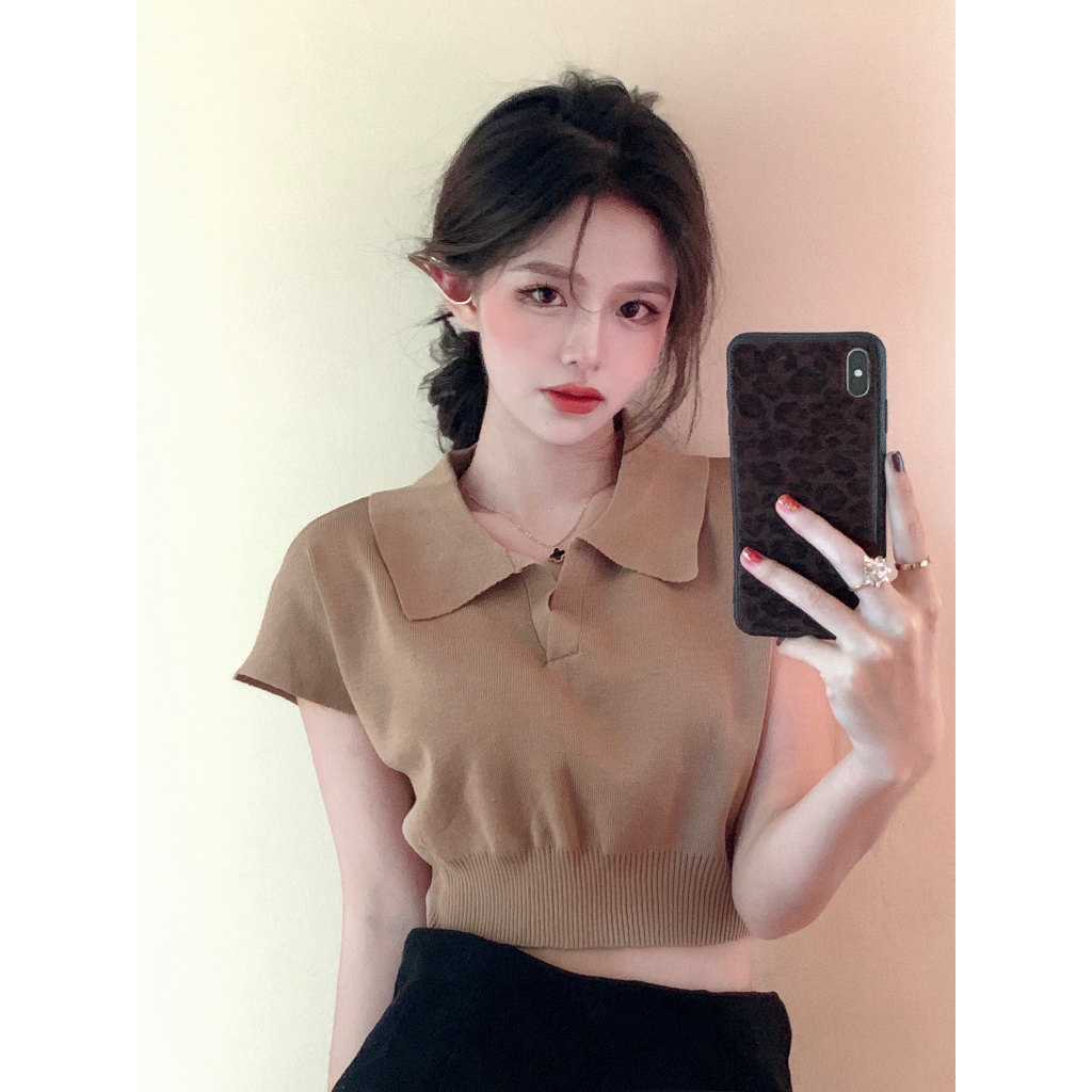 Kaos Rajut Lengan Pendek Wanita Polos Crop Top Korean Style Knit Baju Atasan Wanita Terbaru