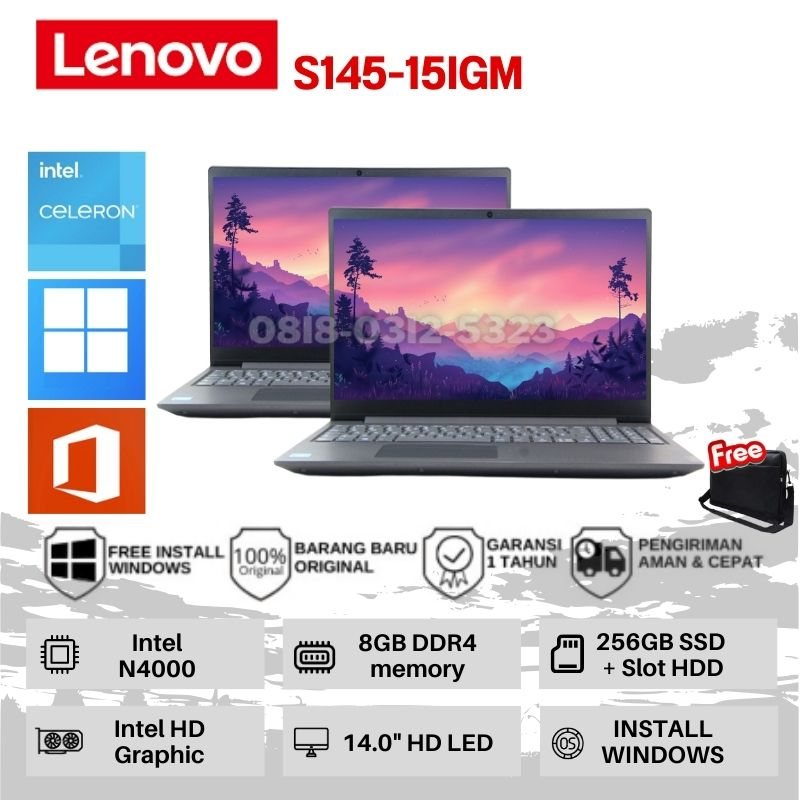 LAPTOP LENOVO IP SLIM S145 INTEL N4020 RAM 8GB SSD 256GB 15.6" HD WINDOWS - LAPTOP BARU