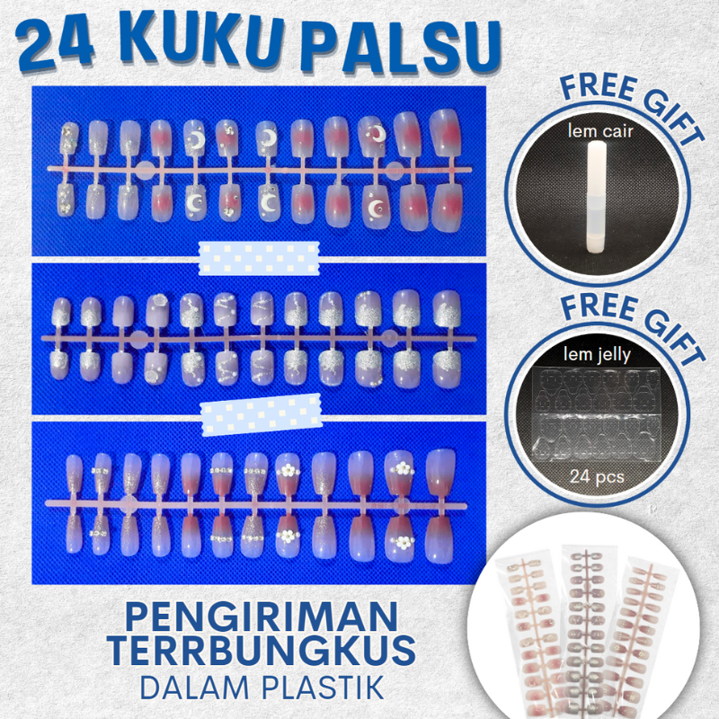 Pretty Kuku Palsu isi 24pcs Dan Free Lem/Fake Nail Art Fashion Cute Non Box Free lem cair 1gr/Fake Nail Instan/DIY Nail Art