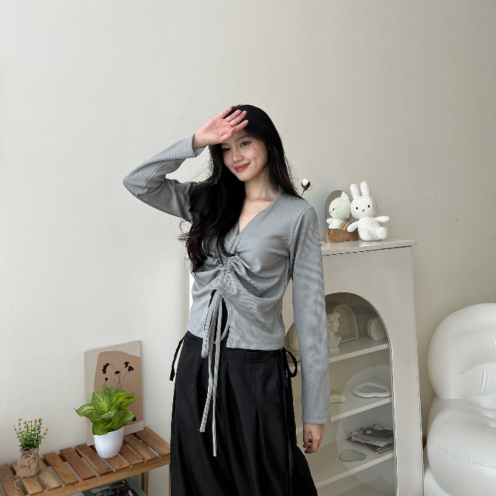 Nadine Long Sleeve Knit Top - Atasan Casual - Blouse Serut - Top Wanita - Korean Style