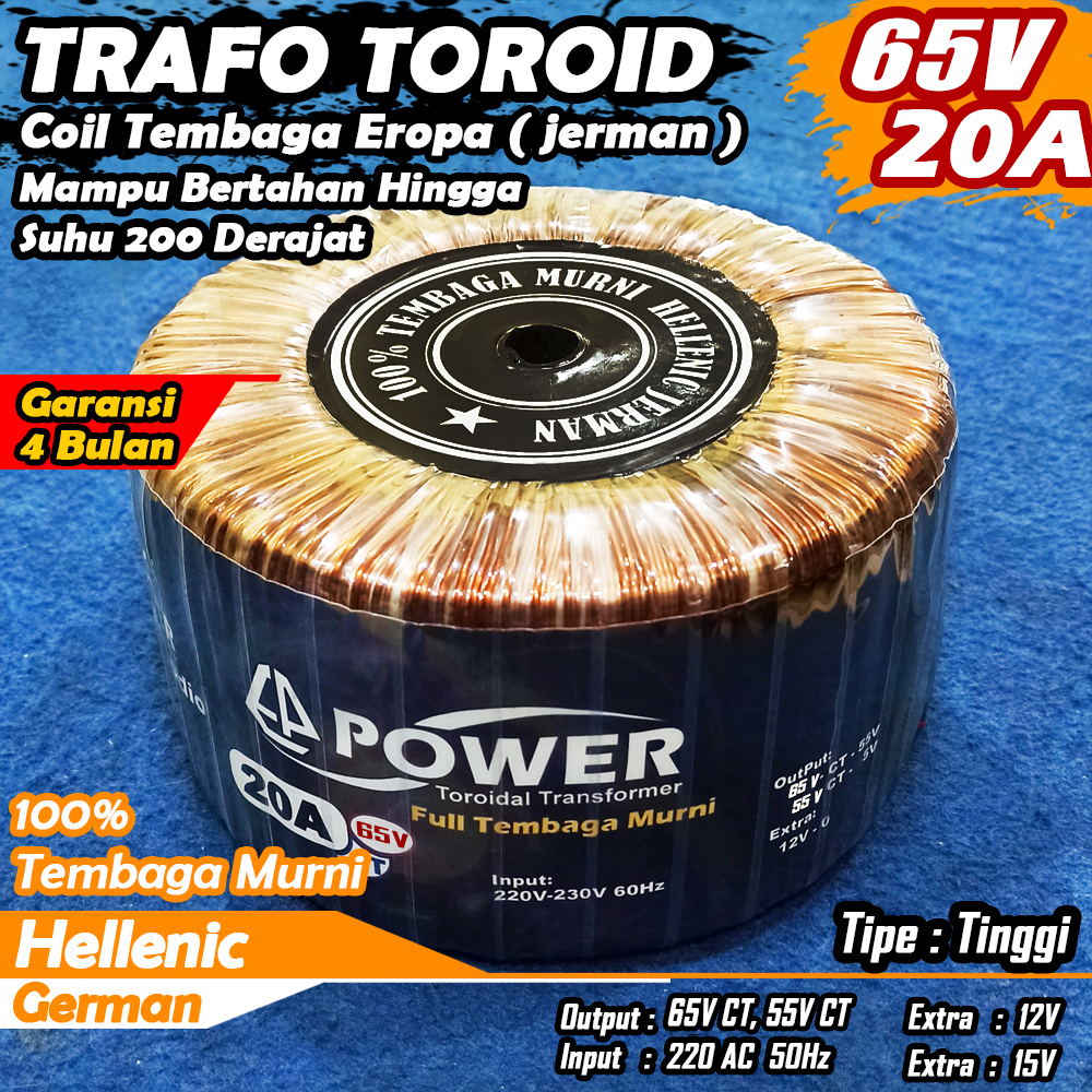 Trafo Toroid 20A 65V CT -  55V CT Full Tembaga Murni Hellenic jerman