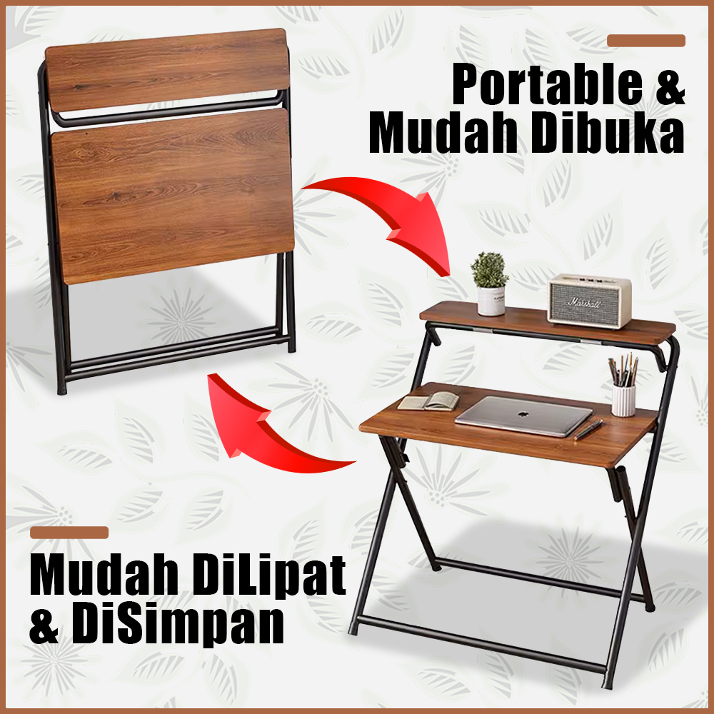 Meja Komputer Meja Lipat Kayu MDF 2 Tingkat Modern Meja Belajar Portable Serbaguna