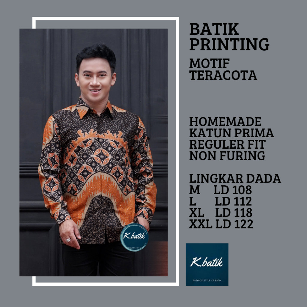 KEMEJA BATIK PRIA LENGAN PANJANG BATIK MODERN MOTIF TERACOTA SIZE M L XL XXL  KHARISMA BATIK