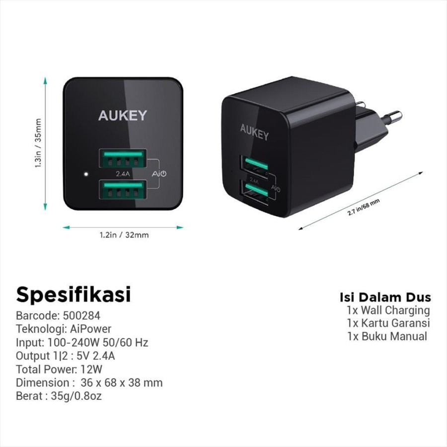 Charger Aukey 2 Port 12W with AiQ PA-U32