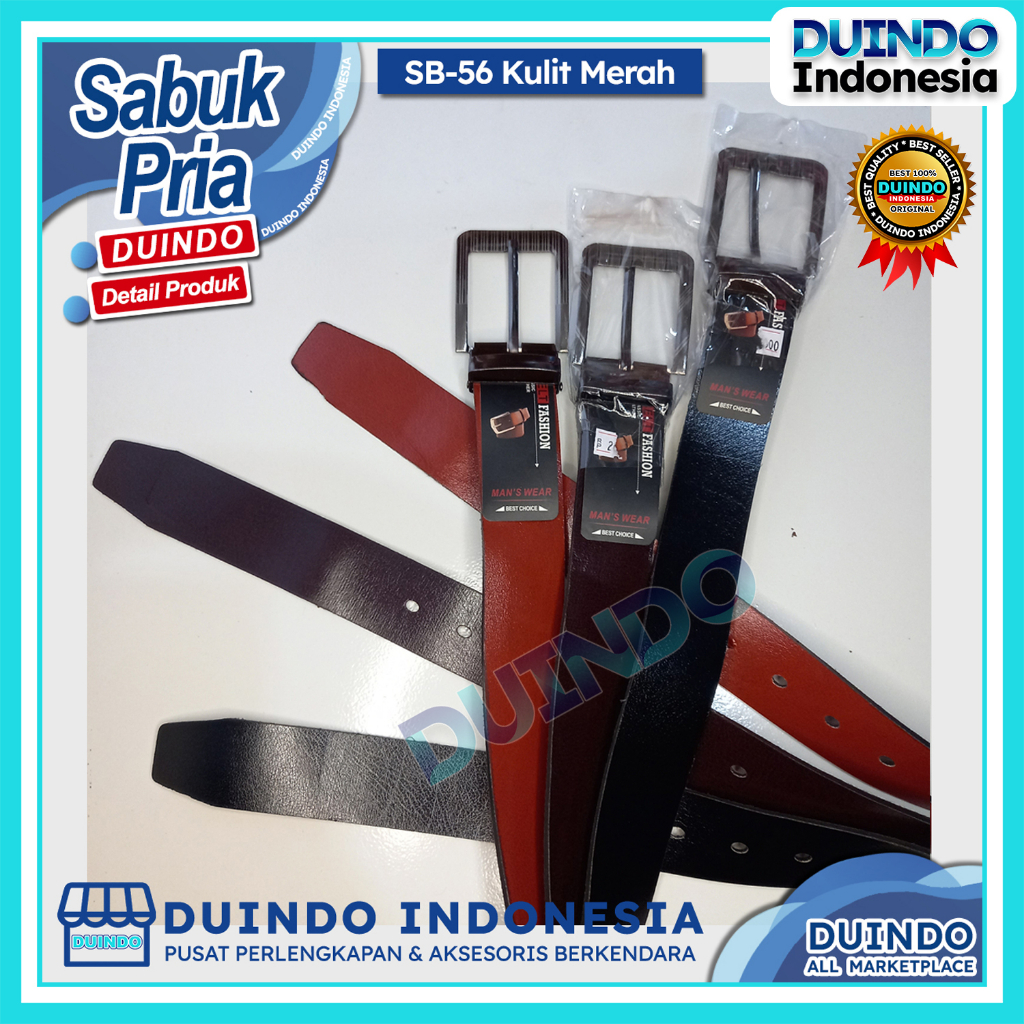 Duindo - SB56 Sabuk Kulit Merah Pria Laki Ikat Pinggang Gasper besi lobang Kuat Panjang 125 cm