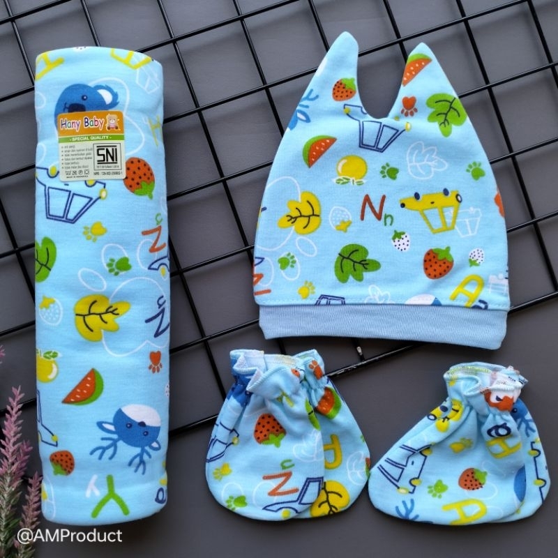 4in1 set bedong + sarung tangan + sarung kaki + topi kupluk bayi newborn printing