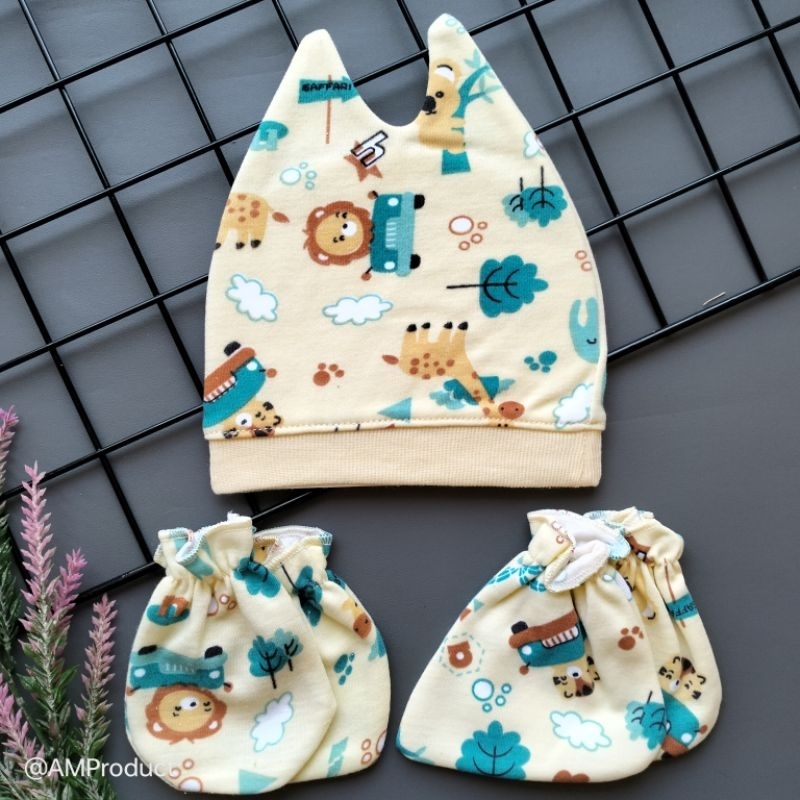 set topi sarung tangan kaki bayi printing