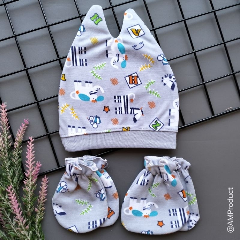 set topi sarung tangan kaki bayi printing