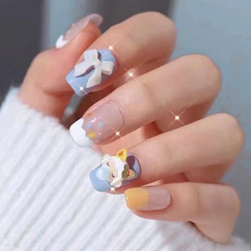 [ COD ] NAILART KUKU PALSU MOTIF BIRU MIX PITA DOMBA : 1 SET ( 24 PCS ) KUKU PALSU FAKE NAILRT LEM 3