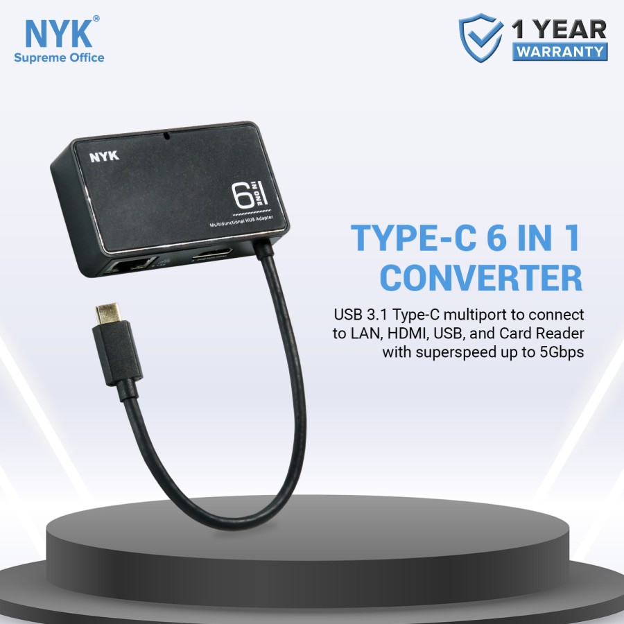 Converter NYK Type C HUB 6 in 1 LAN HDMI Card Reader USB PORT