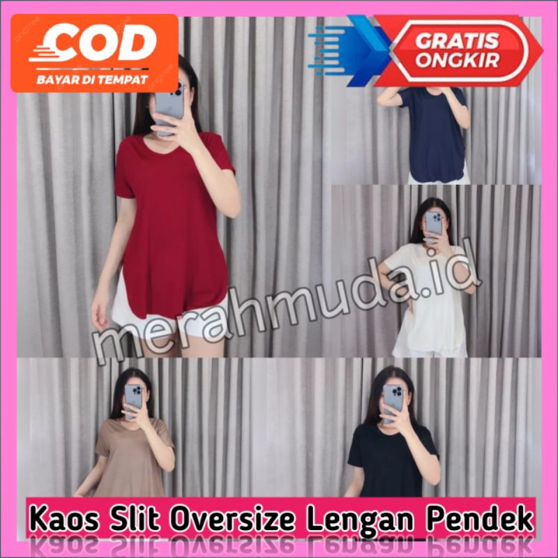 Kaos Tshirt Wanita Polos Lengan Pendek Oversize Slit OS3295 Warna Hitam Putih Pink Merah Coklat Biru