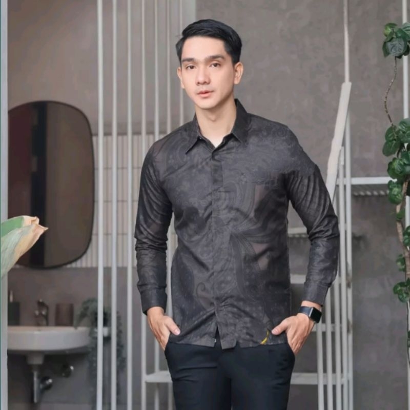 PRASTAWA Baju Batik cowok modern Lengan Panjang Slimfit Lapis puring Dalam