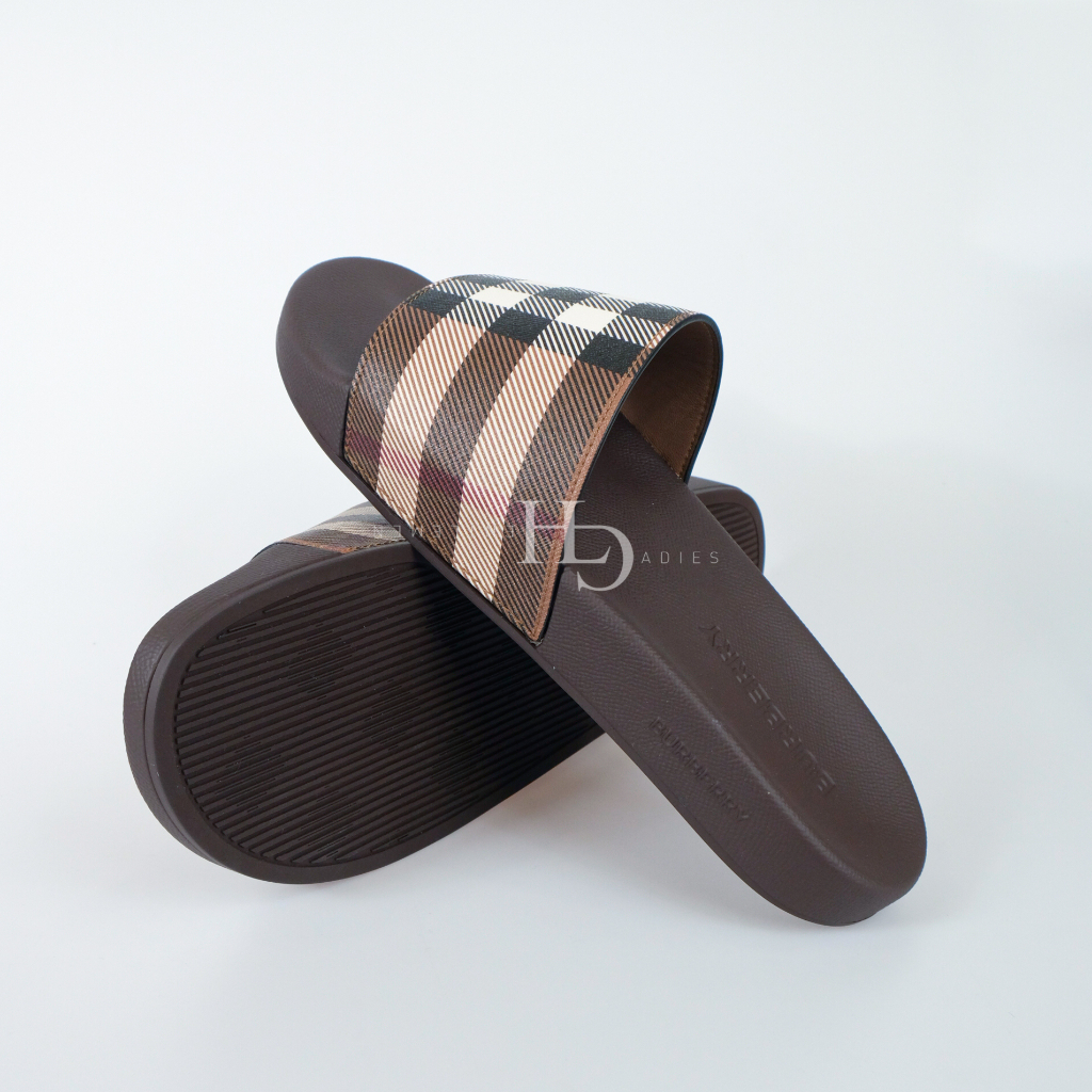 Bur berry Men Tartan Pattern Slides Dark Birch Brown