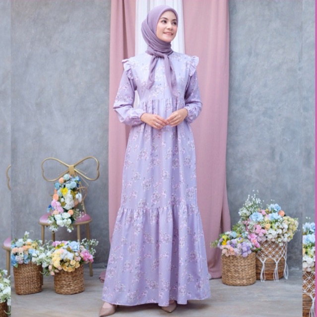 Ounadoutfit SASYA dress wanita muslimah premium motif bunga warna pastel | dress motif premium | baju muslim busui | outfit muslimah