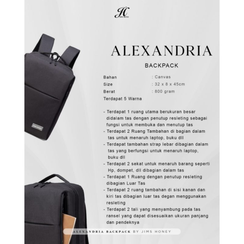 Alexandria Backpack Jims Honey Tas Ransel Laptop Unisex Wanita Pria Import