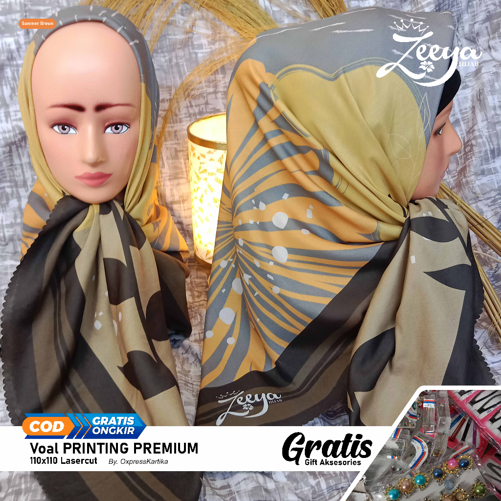 Kerudung VOAL hijab wanita fullprinting premium lasercut Gratis peniti hijab bross dll gambar realpict/Zeeyahijab