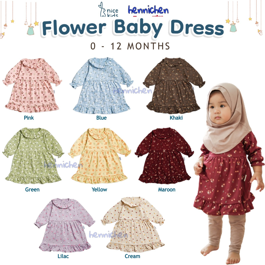 NICE KIDS BABY FLOWER DRESS BUNGA LENGAN PANJANG NICEKDIS TUNIK FLOWER BAYI 0-12 BULAN