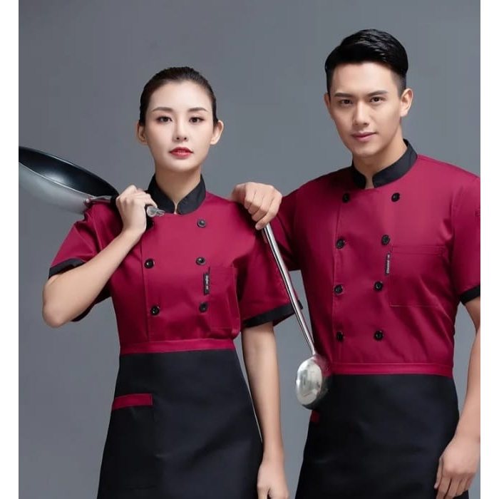 Baju Koki Chef Jacket cook Resto kitchen kemeja koki Unisex lengan Pendek