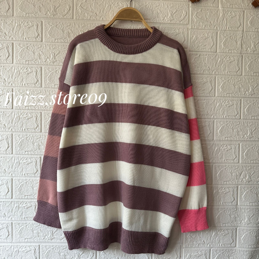 Elna Sweater Rajut Oversize Motif Strippe Blaster Wanita Lengan Panjang