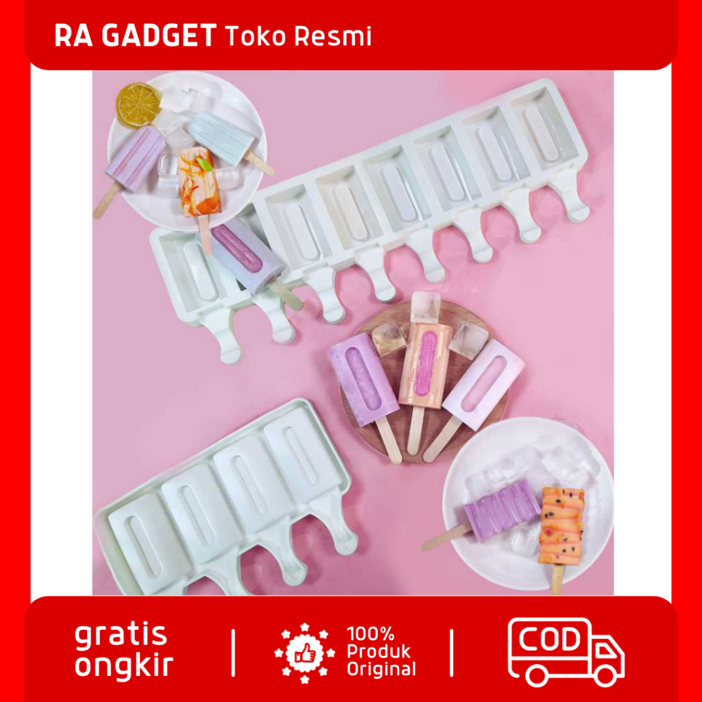 Cetakan Es Krim Silikon 8 Hole with 20 Popsicle Stick / Alat Wadah Tempat Pencetak Cetak Cetakan Es 