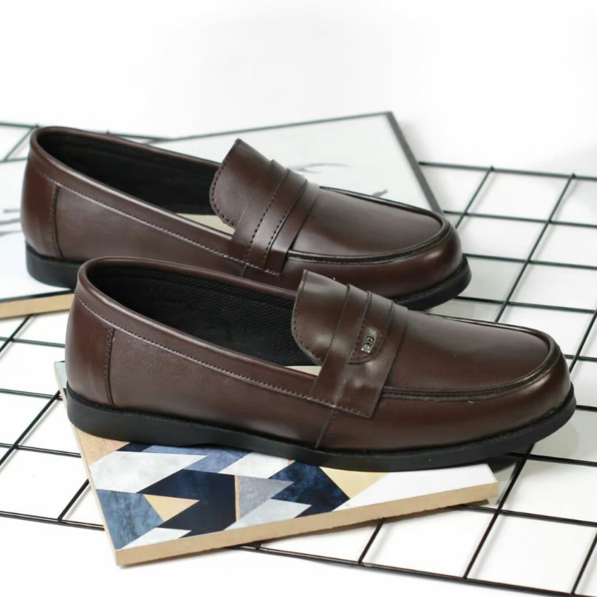 sepatu Kasual Slip On Pria Kulit Pu Sintetic Premium Ori Hitam Coklat Modis Modern Enoz Slim