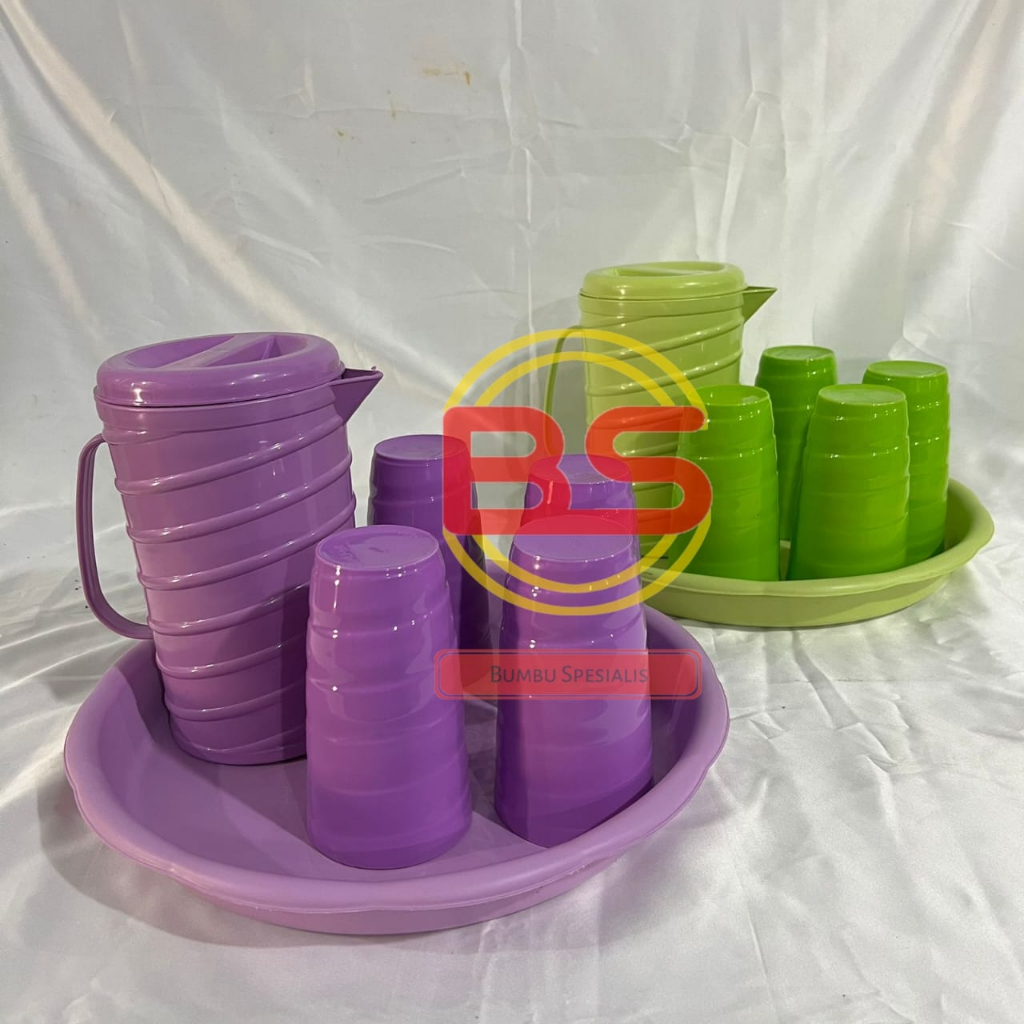 Paket Set Teko Ulir 6Pcs ( 1 Teko Ulir + 4 Gelas Ulir + Nampan Bulat Warna ) / Set Teko Minum