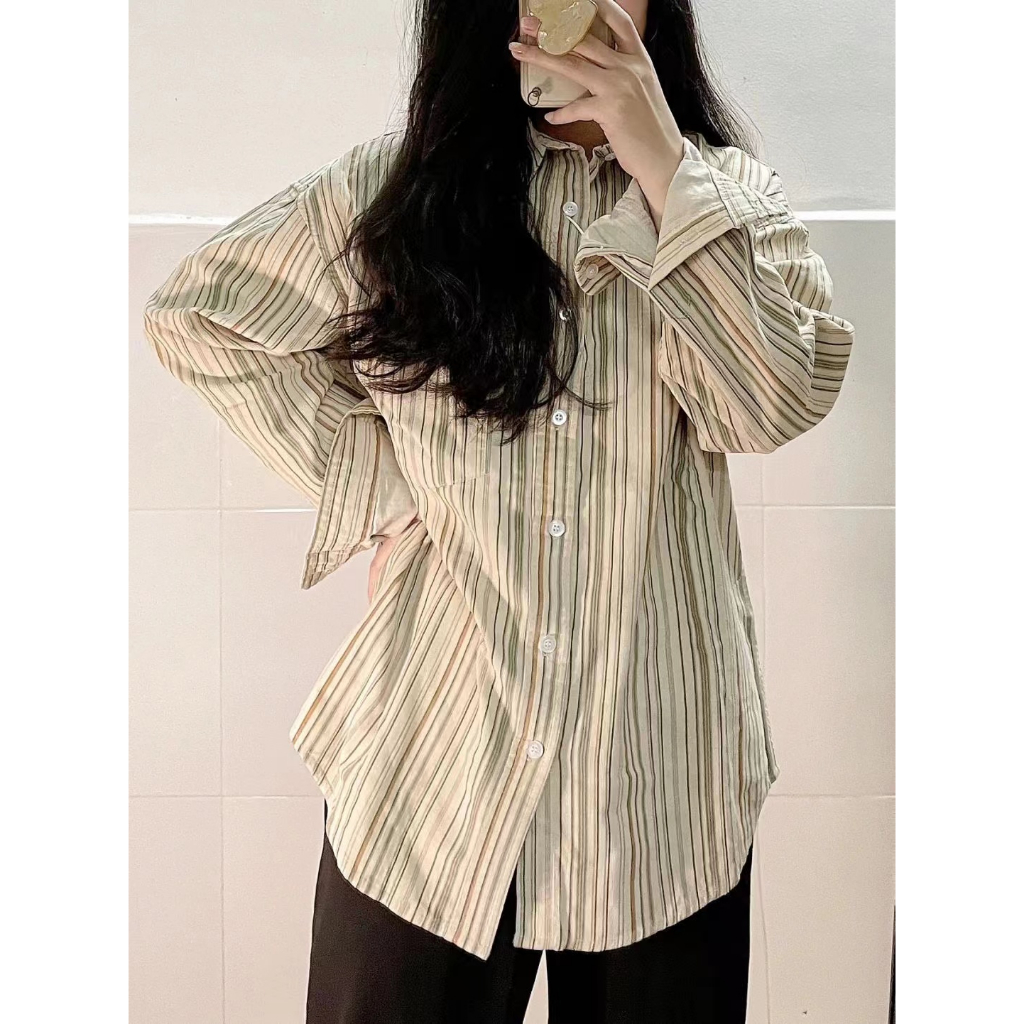 Korean Style Oversize Retro stripe causual baju atasan wanita kekinian premium blouse wanita kemeja wanita lengan panjang