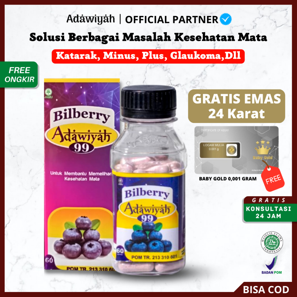 [ Agen Resmi ] Kapsul Bilberry Adawiyah 99 Obat Herbal Suplemen Mata Minus Katarak Silinder | Kapsul Bilbery Bilberi adwiyah Obat Sakit Mata Original BPOM